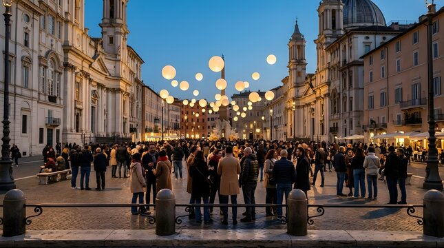 Crowded European city square evening festive lights.