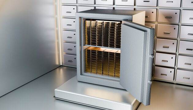Open safe filled with gold bars inside vault room