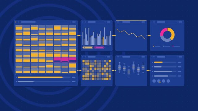 Animated chemical inventory reagents depleting in blue and cyan on a deep dark background. Seamless looping 4K dashboard motion graphics with free space for text, ideal for product videos, business pr
