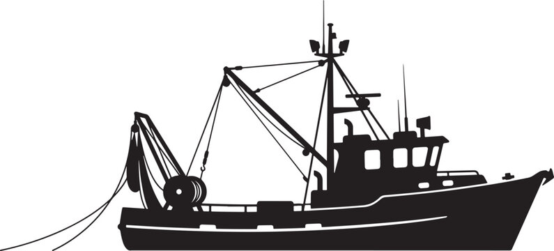 Black silhouette of a commercial fishing trawler boat isolated on white background