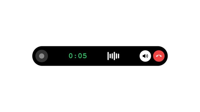 Smartphone call interface bar with timer, speaker and end call button icon, mobile calling screen design. 4k video