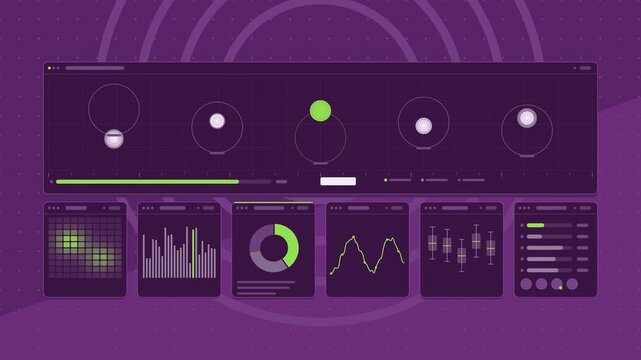 Animated route density map clusters in violet and blue on a deep dark background. Seamless looping 4K dashboard motion graphics with free space for text, ideal for product videos, business presentatio