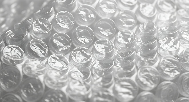 Close-up of translucent bubble wrap plastic packaging texture in black and white