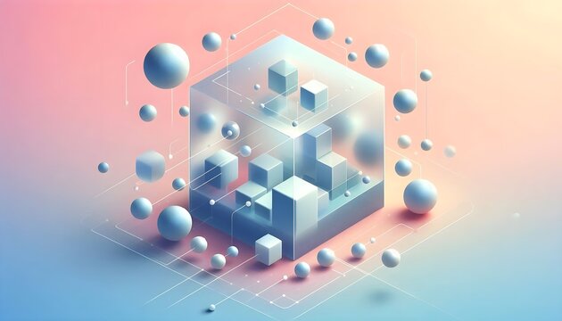 Glass cube with inner blocks floats among spheres in a soft pastel gradient scene