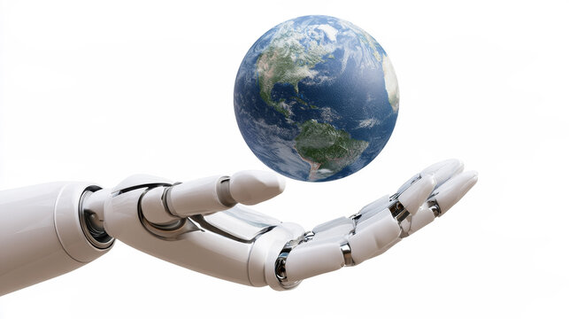 Robotic Hand Holding Planet Earth Isolated on White Background for Artificial Intelligence, Sustainability and Global Technology Concept