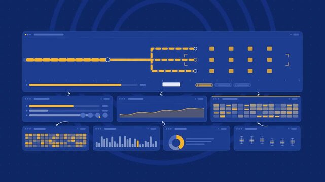 Animated learning path courses branching in blue and cyan on a deep dark background. Seamless looping 4K dashboard motion graphics with free space for text, ideal for product videos, business presenta