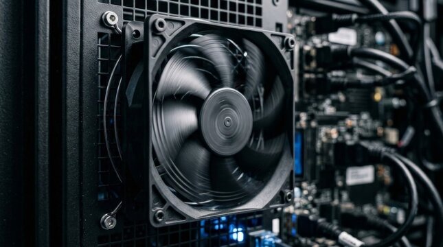 A close up view inside a computer case reveals a running server cooling fan with spinning blades, mounted to a metal grille next to the motherboard with tangled cables