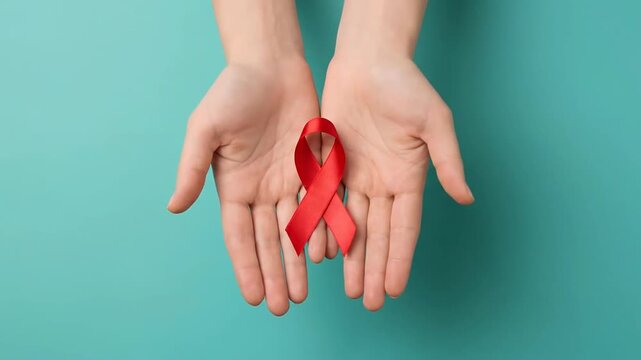 Hands holding a red ribbon for HIV and AIDS awareness on a blue background