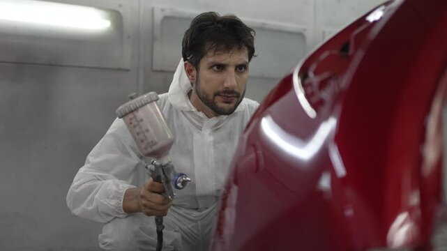 Latin Mechanic Spray Painting Red Car Part In Auto Body Repair Shop