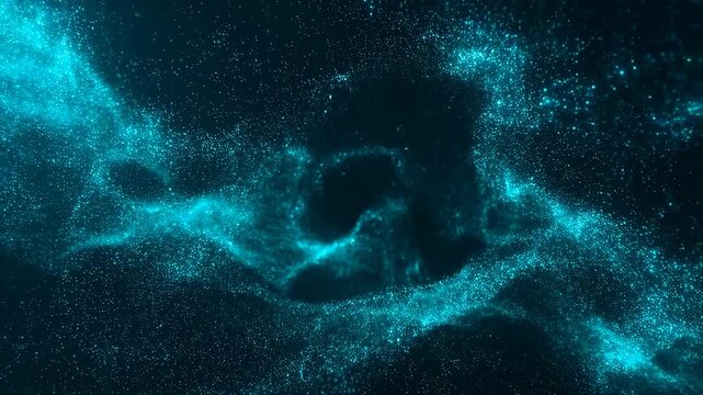 Turquoise particles flow through a dark abstract digital wave field. Technology presentations, science media, and digital title sequences.
