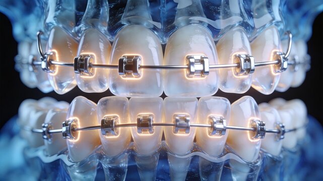 Orthodontic Braces Dental Alignment Teeth Brackets Wire 3D Medical Illustration