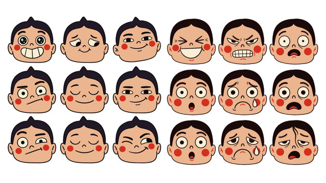 Boy face expressions vector set, cartoon child emotions collection, same character 18 different facial expressions