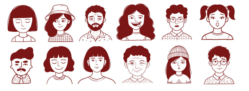 Diverse people portrait vector collection, hand drawn line art avatars in monochrome red, set of 12 vector characters