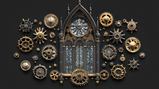 Intricate cathedral window design surrounded by various gears and cogs, showcasing blend of gothic architecture and steampunk
