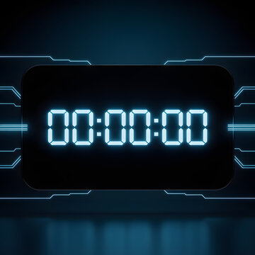 Futuristic round digital clock with glowing neon blue numbers on dark background