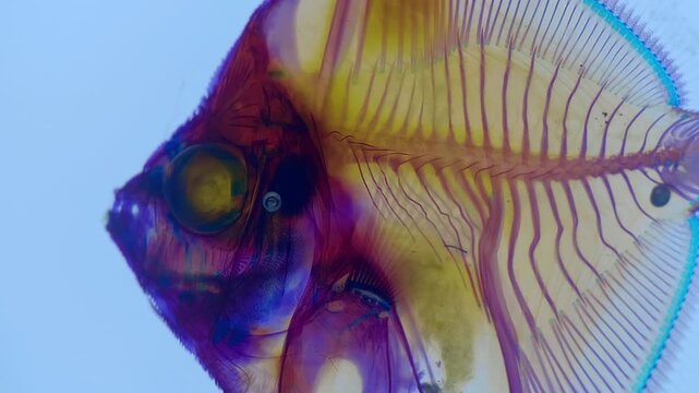 A colorful scientific specimen of a fish prepared through diaphonization or "clearing and staining" revealing the complex bone and cartilage structures of the fish, using Alcian blue to stain cartilag