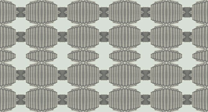 Seamless repeating monochrome pattern of intricate oval botanical or shell-like forms arranged in orderly horizontal rows on a pale background