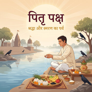 Pitru Paksha Shraddha Ceremony with Pind Daan and Tarpan at River Vector Illustration