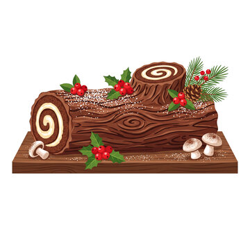 illustration features a classic chocolate Yule log cake decorated with holly berries, mushrooms, and pine needles on a wooden board, ideal for holiday menu designs and festive greeting cards.