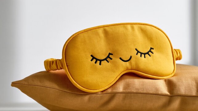 Mental Health self-care photo: a sleep mask lying on a pillow with a tiny smile embroidered on it, on a bright white background.