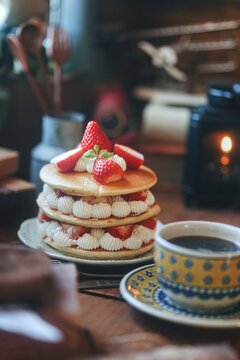 レトロな雰囲気の喫茶店で提供されたイチゴパンケーキとコーヒーセット