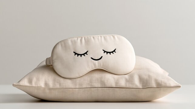 Mental Health self-care photo: a sleep mask on a pillow with a small embroidered smile, on a bright white background with copy space.