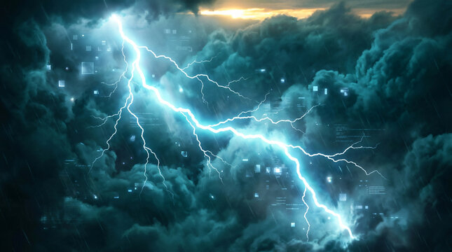 Lightning bolt striking through dark stormy clouds with digital data