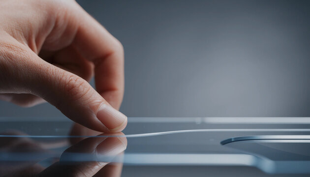 Close up of human hand touching transparent touchscreen, modern technology interface, innovation and connectivity concept, soft lighting and minimal background