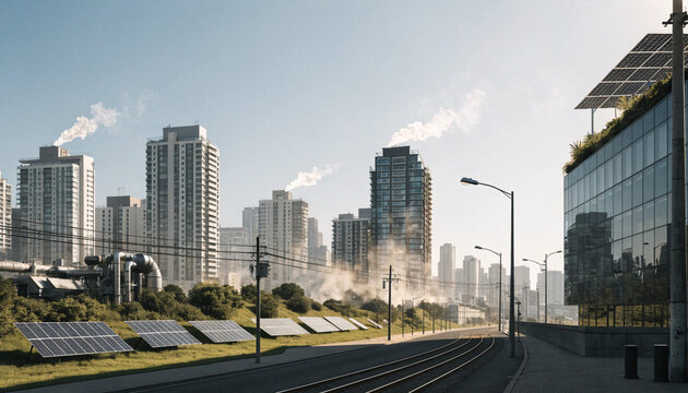 Modern cityscape with solar panel, glass building, smoke, and green vegetation, showing environmental contrast and sustainable energy concept