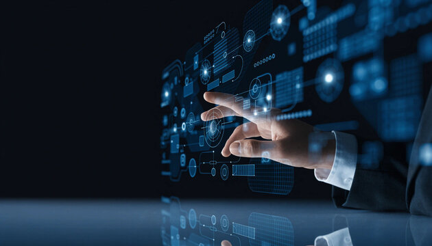 Futuristic digital interface with hand interacting financial technology innovation data visualization virtual screen business analysis modern technology blue light professional