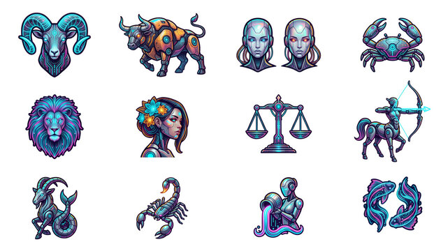 Cyberpunk style zodiac signs set, futuristic neon astrological symbols collection, sci-fi mechanical and cyborg horoscope illustrations isolated on transparent background