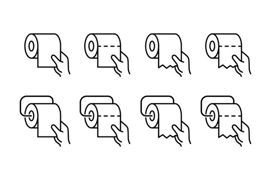 Toilet paper roll vector icon set. Hand pulling and tearing paper outline symbols