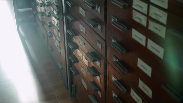 Vintage wooden card catalog features dozens of small drawers, used for organizing index cards. Closeup. Shot in motion
