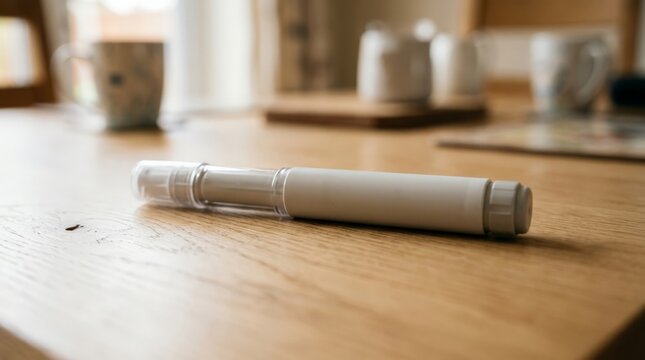 A close up horizontal view of a white insulin pen lying on a light wood kitchen table with blurred coffee cups and a tray in the background creating a clean and realistic composition