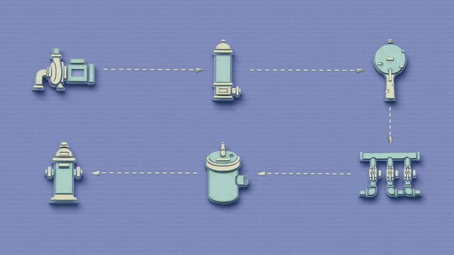 A booster pump raises water into a standpipe, storage maintains pressure, and branching mains route supply through service valves to neighborhood connections. Flat 3D style with smooth matte surfaces.