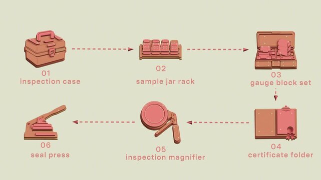 A portable audit kit brings sampling, measurement, tolerance checking, calibration, and traceability paperwork into one inspection workflow. Flat 3D style with smooth matte surfaces; objects numbered
