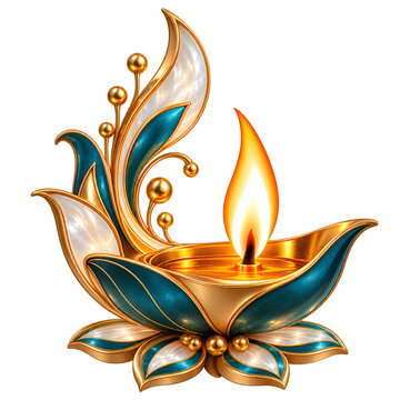 Decorative teal and gold lotus oil lamp diya with glowing flame for diwali festival celebration