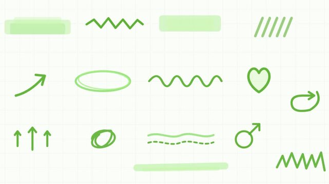 Green hand drawn doodle arrows and shapes animating on grid paper