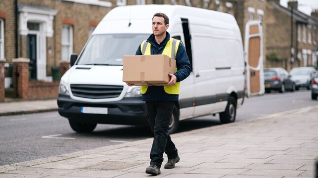 Delivery driver in high visibility vest carrying a cardboard box near a white van on a residential street