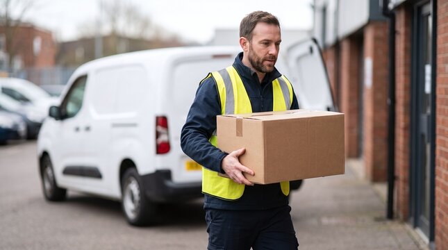 Delivery man in high visibility vest carrying a cardboard package near a white van