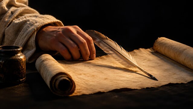 A hand writes on a parchment sheet with a feather quill beside rolled scrolls. A dark ink vessel stands at the edge of the page. Ancient manuscript writing and biblical scribal tradition.