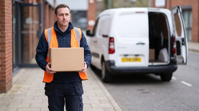 Delivery worker in high visibility vest carries package beside a white van with open rear doors on a sidewalk