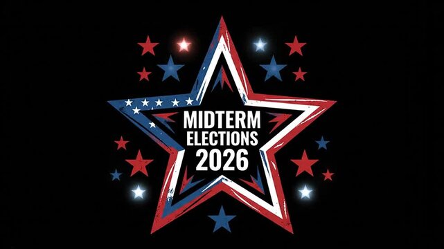 USA Midterm Elections 2026 title with glowing patriotic star on black background for political voting broadcasts
