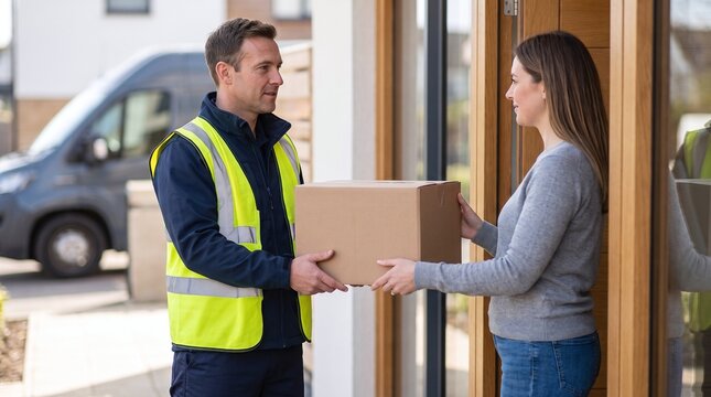 Delivery person handing a parcel to a woman at a doorway with a van in the background