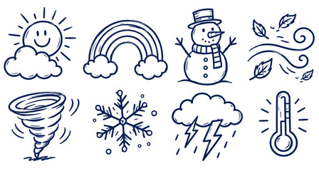 Obraz premium Hand drawn weather icons set, 8 blue doodle weather elements including sun rainbow and snowman, meteorology sketch vector for forecast apps
