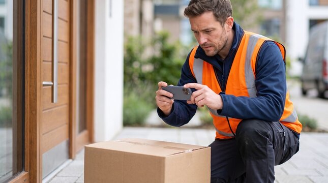 Delivery man photographing package at front door using mobile phone box