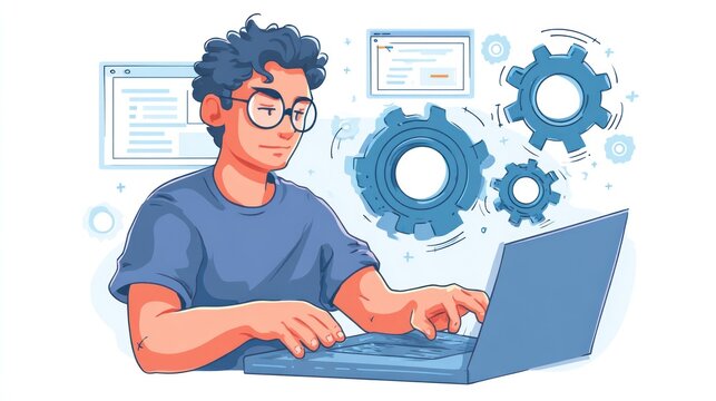 Person working on a laptop, surrounded by gears and digital elements