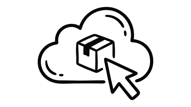 Cloud Storage of Package: A hand-drawn cloud icon houses a package, with a cursor pointing to it, representing digital storage and delivery services.