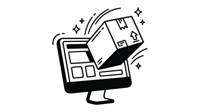 Online Shopping Delivery: A graphic illustration depicting a package emerging from a computer screen, symbolizing fast and convenient online shopping and delivery services.