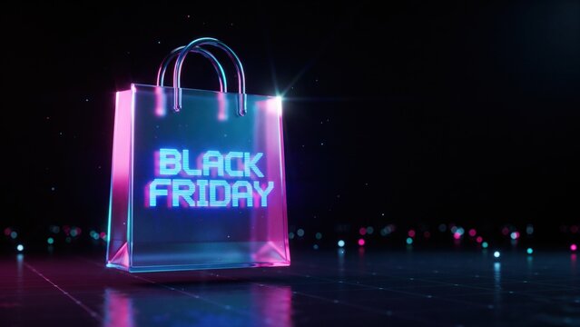 Glowing holographic shopping bag isolated on dark background for futuristic retail branding campaign.